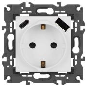 Розетка Elegance 14-4108-01М 16A 250В 2P+E защ. шторки с USB type-A+C 3А 5В матов. бел. Эра Б0067710